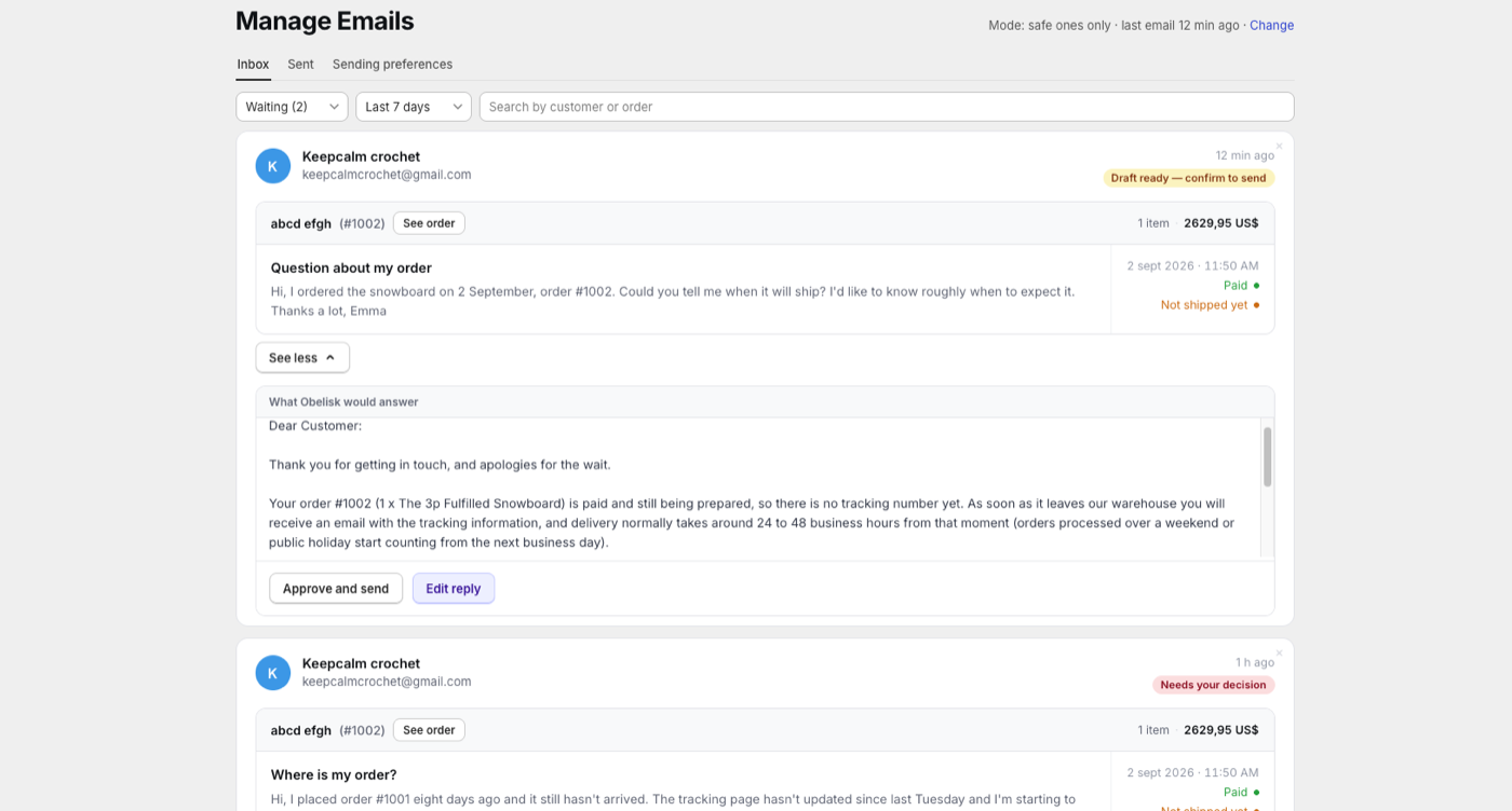 The inbox, with the order alongside